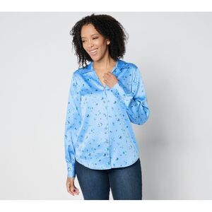 Maya J Women's Top Sz M Estate Printed Sateen Button Front Blouse Blue A658686